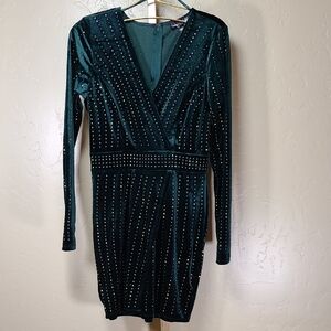 Crystal Doll Emerald Green Stretch Velvet Dress Rhinestones